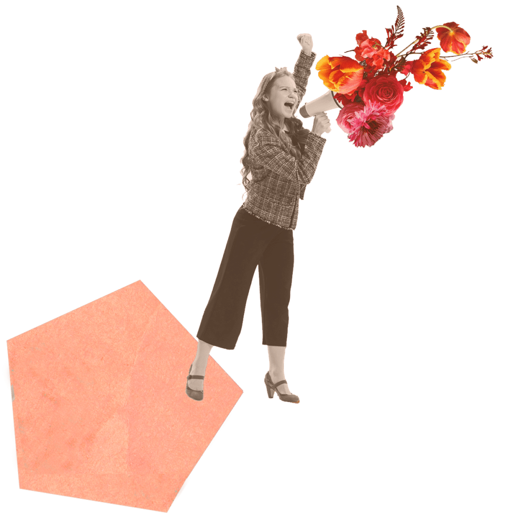 Hintergrundbild – zeigt eine Illustration bzw. Fotomontage mit einer jungen Frau, die mit erhobener Hand durch ein Megafon ruft. Aus dem Megafon spriessen knallig farbige Blumen.
